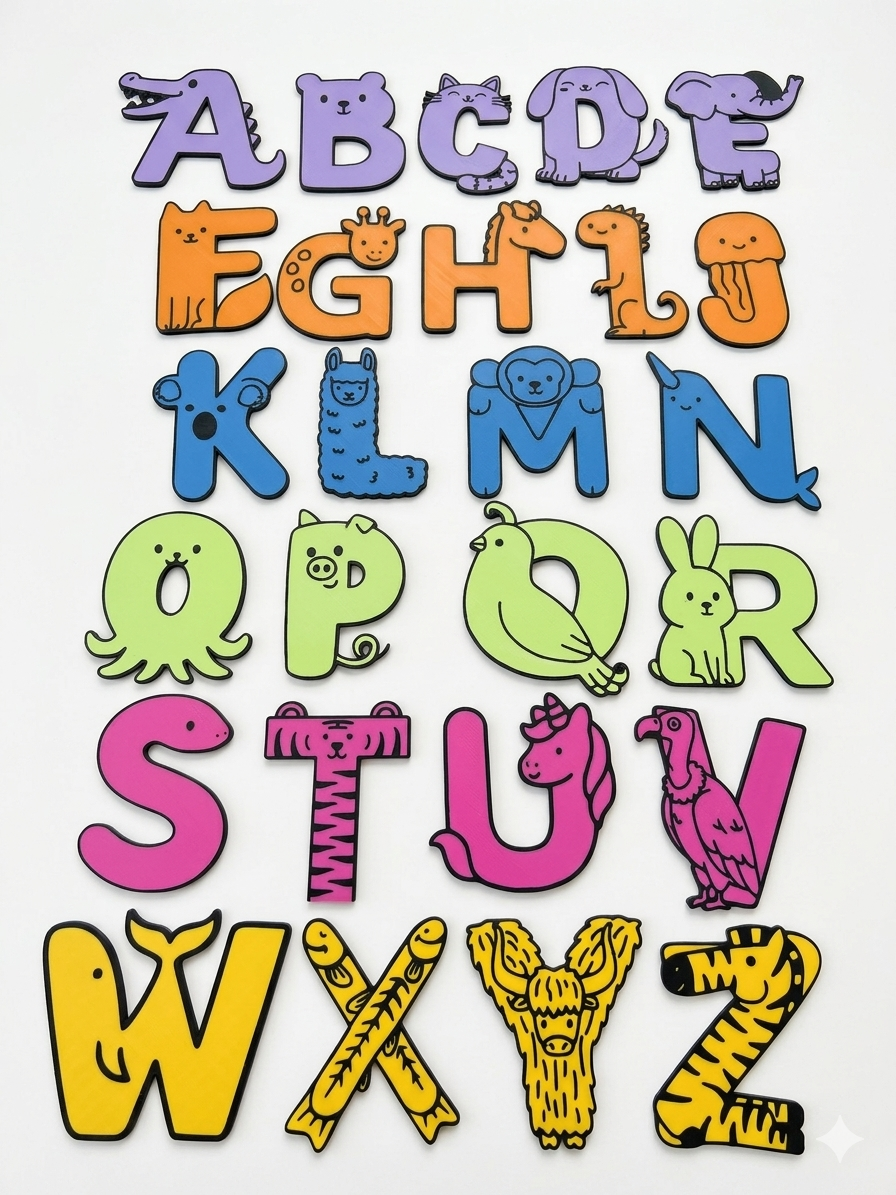 Purple, orange, blue, green, pink, and yellow alphabet animal-infused letters on a white background