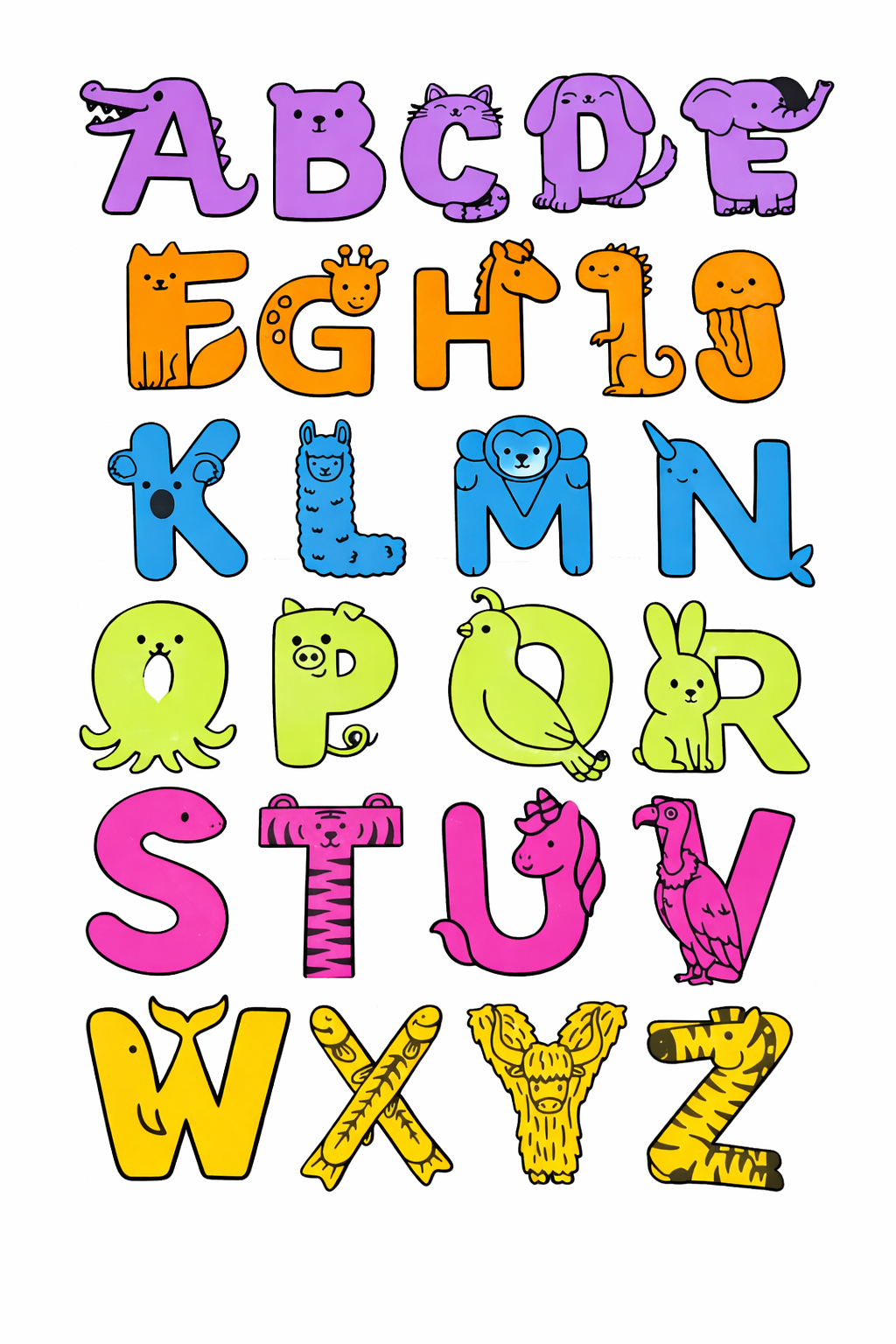 Colorful illustration of alphabet animal-infused letters on a white background