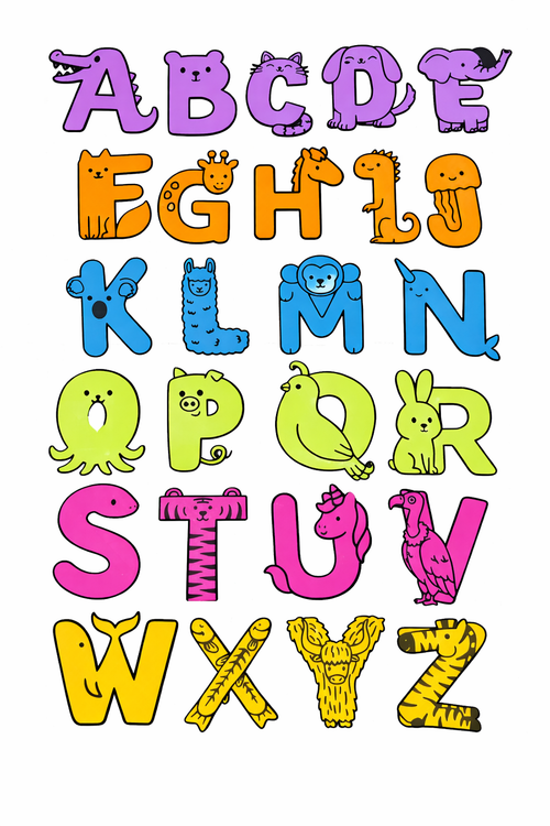 Colorful illustration of alphabet animal-infused letters on a white background