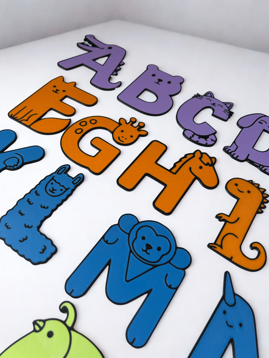 3D printed animal alphabet letters A to M