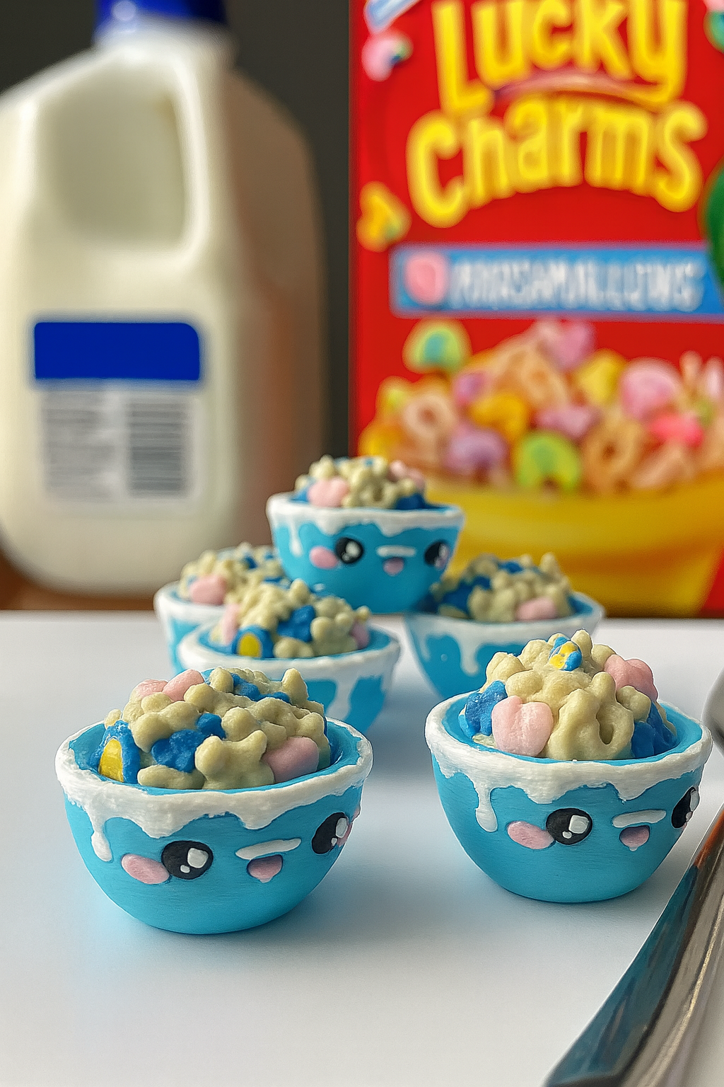 Small blue bowls filled with Lucky Charms cereal sitting on a white surface, with a box of Lucky Charms and a gallon of milk in the background.