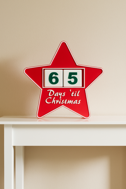 Red star-shaped Christmas countdown sign with '65 Days 'til Christmas' on a white shelf against a beige wall.