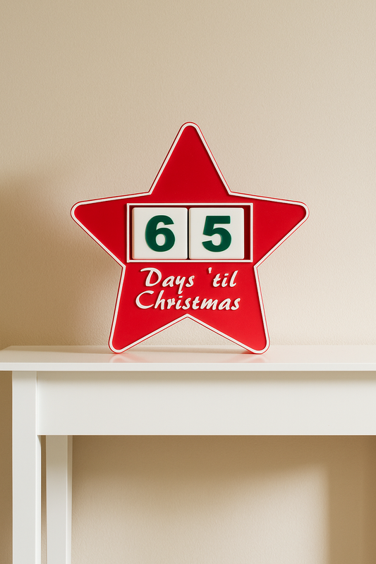 Red star-shaped Christmas countdown sign with '65 Days 'til Christmas' on a white shelf against a beige wall.